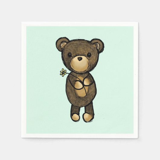 Serviette En Papier Ours Brown mignon tenant une Fleur Jaune (Devant)