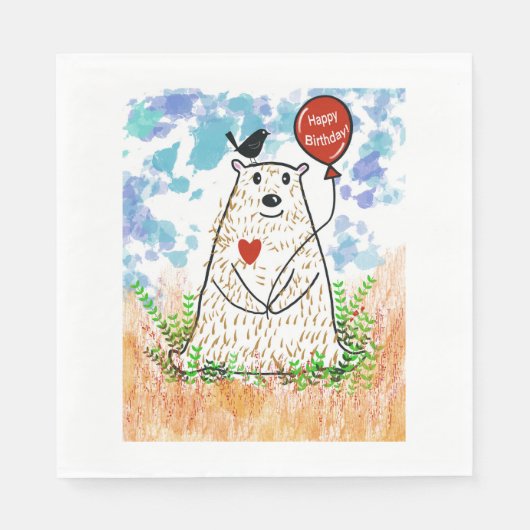 Serviette En Papier Ours d'anniversaire et serviette d'oiseaux noirs (Devant)