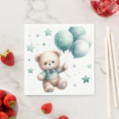 SERVIETTE EN PAPIER OURS DE TEDDY FUZZY AVEC BALLONS VERTS PASTEL (En situation)