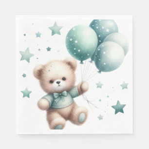 SERVIETTE EN PAPIER OURS DE TEDDY FUZZY AVEC BALLONS VERTS PASTEL