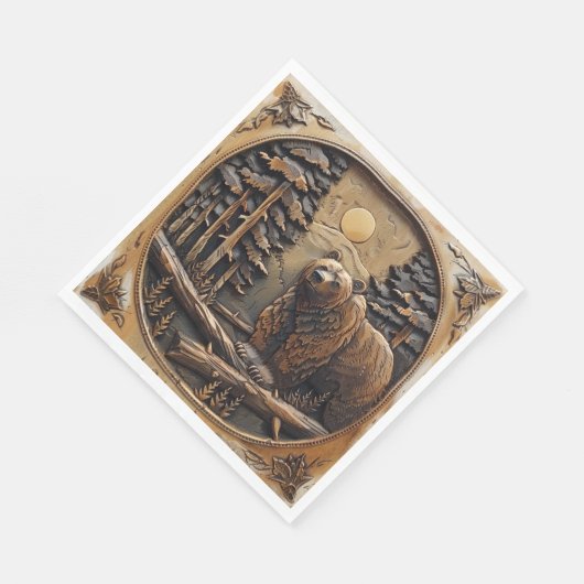 Serviette En Papier Ours en bois sculpté pleine lune pinède forêt (Coin)