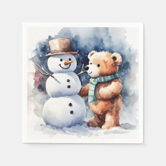Serviette En Papier Ours En Conduite D'Hiver Et Snowman (Devant)