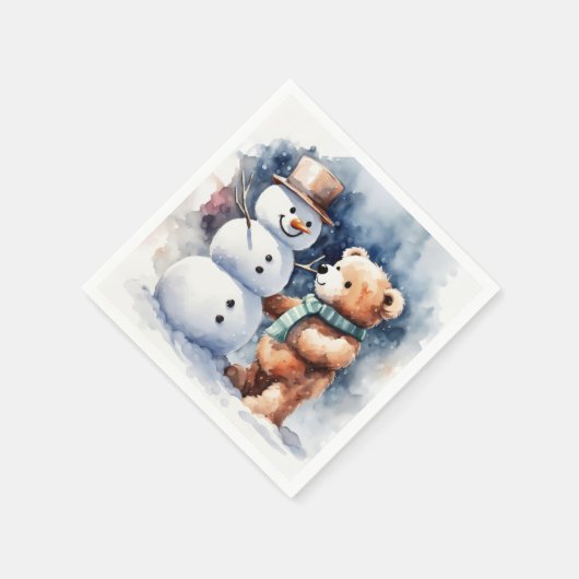 Serviette En Papier Ours En Conduite D'Hiver Et Snowman (Coin)