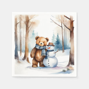 Serviette En Papier Ours En Conduite D'Hiver Et Snowman