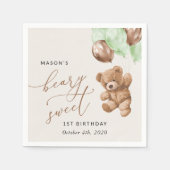 Serviette En Papier Ours En Conflit, Ballons Verts, Premier Anniversai (Devant)
