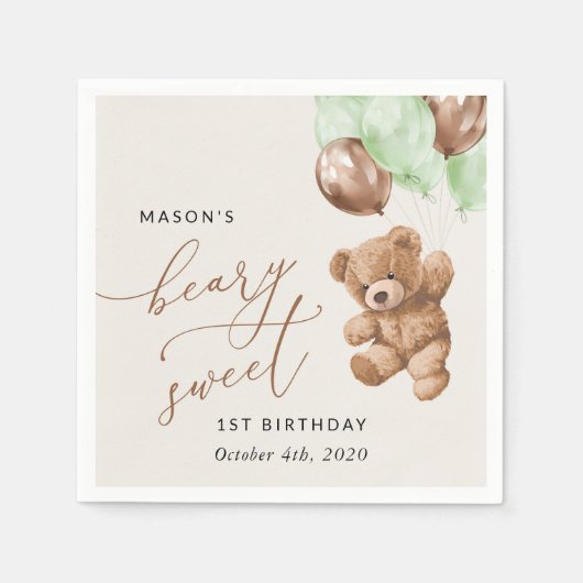 Serviette En Papier Ours En Conflit, Ballons Verts, Premier Anniversai (Devant)