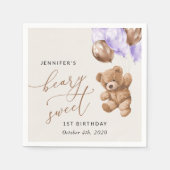 Serviette En Papier Ours En Jeu, Ballons Violets, Premier Anniversaire (Devant)