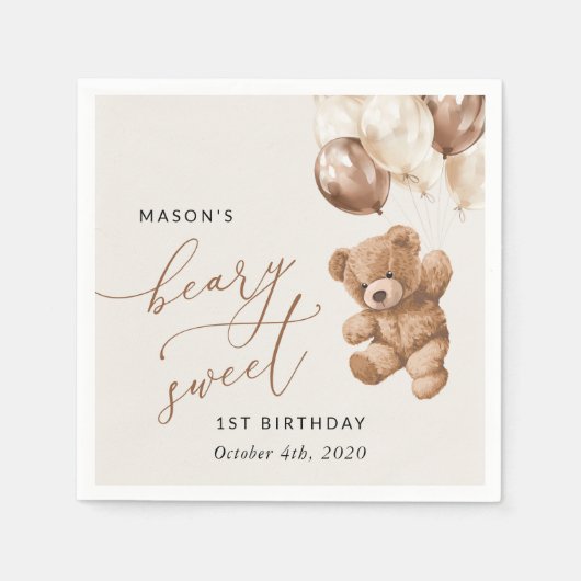Serviette En Papier Ours En Joue, Ballons Brown, Premier Anniversaire (Devant)