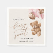Serviette En Papier Ours En Joue, Ballons Roses, Premier Anniversaire (Devant)