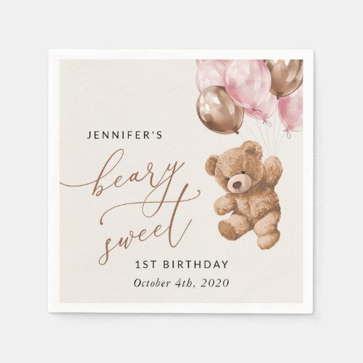 Serviette En Papier Ours En Joue, Ballons Roses, Premier Anniversaire (Devant)