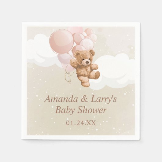 Serviette En Papier Ours en peluche avec des ballons roses bleus (Devant)