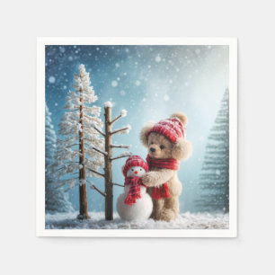 Serviette En Papier Ours en peluche d'hiver et Snowman