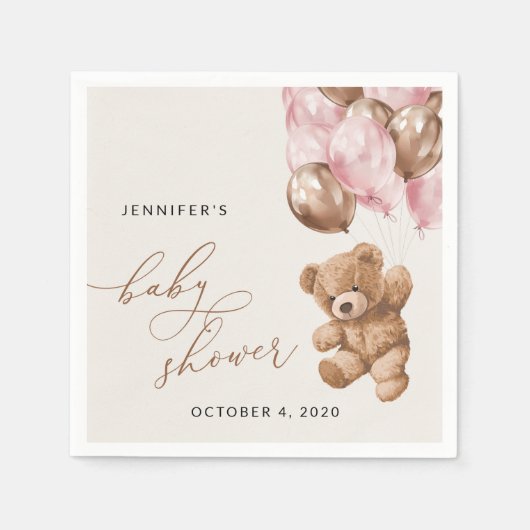 Serviette En Papier ours en peluche, ours bébé, ballons roses, Baby sh (Devant)