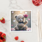 Serviette En Papier Ours En Teddy Avec Rose Rouge (En situation)