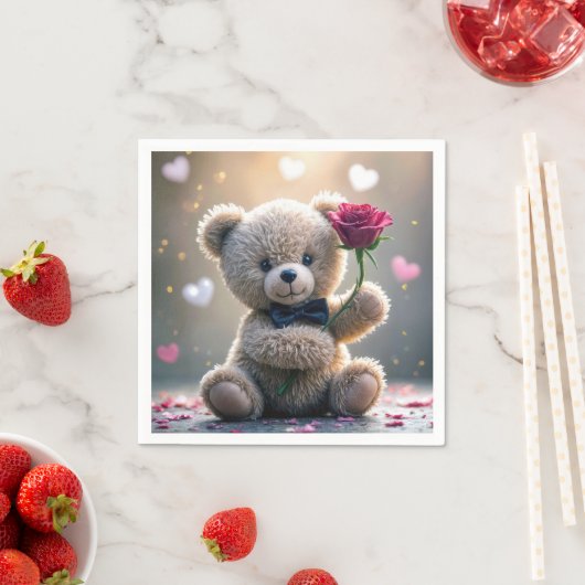 Serviette En Papier Ours En Teddy Avec Rose Rouge (En situation)