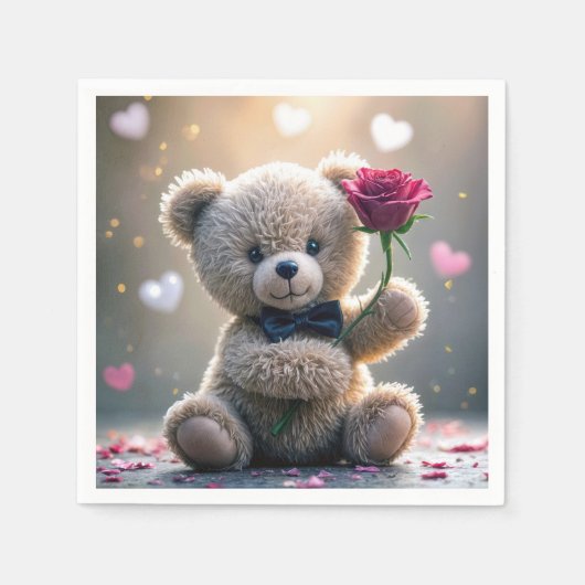 Serviette En Papier Ours En Teddy Avec Rose Rouge (Devant)
