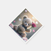 Serviette En Papier Ours En Teddy Avec Rose Rouge (Coin)