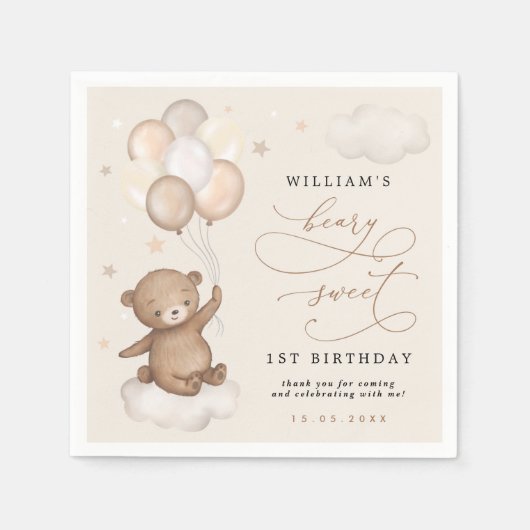 Serviette En Papier Ours et ballons en peluche Crème d'abricot Anniver (Devant)