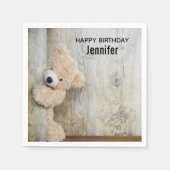 Serviette En Papier Ours farci mignon Mur en bois rustique Anniversair (Devant)
