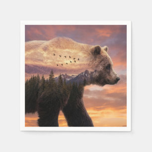 Serviette En Papier Ours grizzli et scène de montagnes en double expos