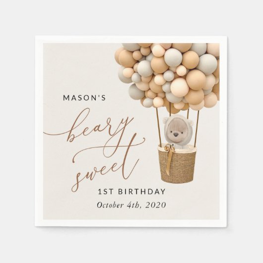 Serviette En Papier Ours mignon, Ballons Beiges, Premier Anniversaire (Devant)