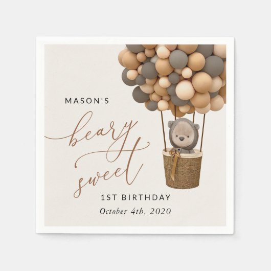 Serviette En Papier Ours mignon, Ballons Brown, Premier anniversaire (Devant)