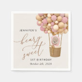 Serviette En Papier Ours mignon, Ballons roses, Premier Anniversaire (Devant)