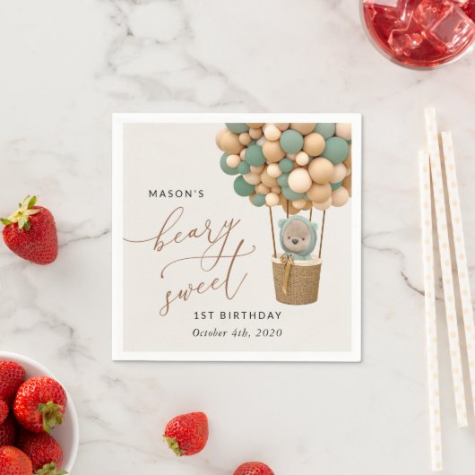 Serviette En Papier Ours mignon, Ballons verts, Premier anniversaire (En situation)