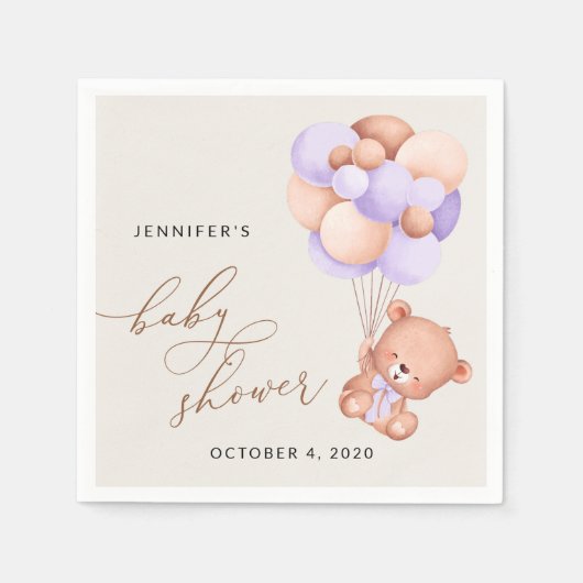 Serviette En Papier Ours, Ours mignon, Ballons pourpres, Baby shower (Devant)