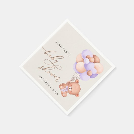 Serviette En Papier Ours, Ours mignon, Ballons pourpres, Baby shower (Coin)