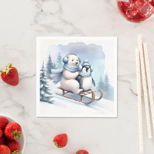 Serviette En Papier Ours pingouin et polaire sur un traîneau (En situation)
