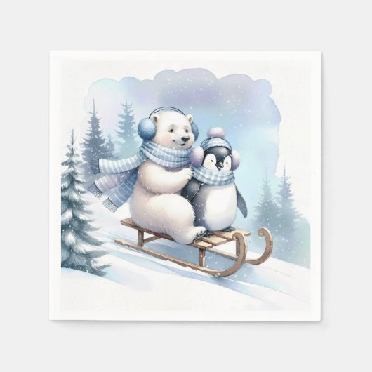 Serviette En Papier Ours pingouin et polaire sur un traîneau (Devant)
