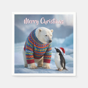 Serviette En Papier Ours polaire de Noël et manchot sur un glacier
