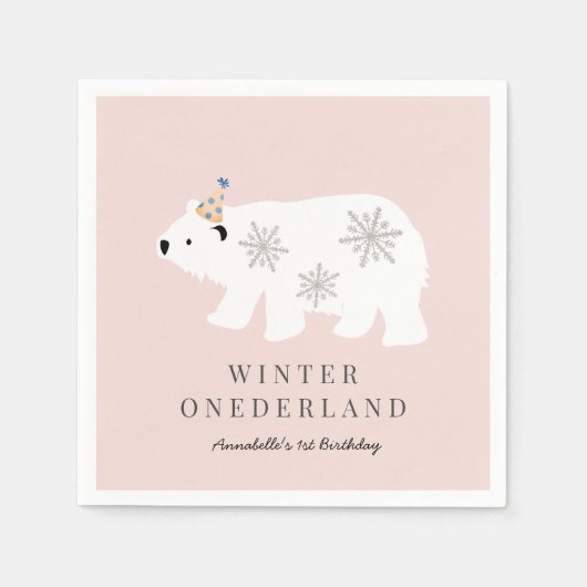 Serviette En Papier Ours polaire Hiver Onederland rose 1er anniversair (Devant)