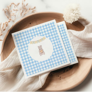 Serviette En Papier Ours Rustique Bleu Gingham Aquarelle Baby Shower