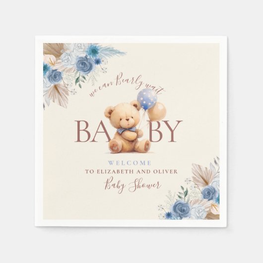 Serviette En Papier Ours Teddy Mignonne Deux Ballons Fleurs Bleues (Devant)