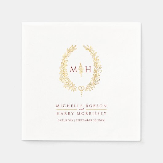 Serviette En Papier Oval wreath art feuille or rouge monogramme mariag (Devant)
