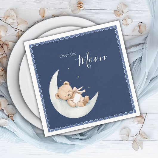 Serviette En Papier Over the Moon Bear Navy Blue Baby Shower