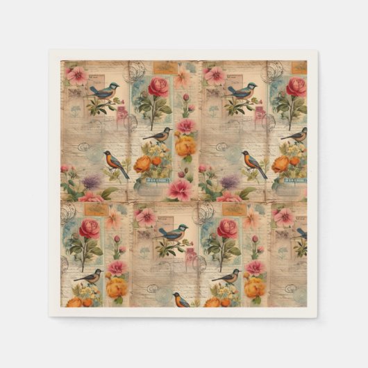 Serviette En Papier Page de Junk Journal avec fleurs + oiseaux - (Devant)