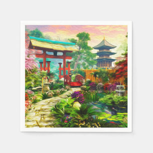 Serviette En Papier Pagoda japonaise Sakura de jardin et cascade