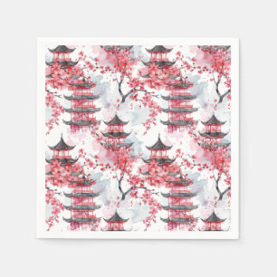 Serviette En Papier Pagode chinoise aquarelle aux fleurs de cerisiers 