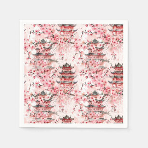 Serviette En Papier Pagode chinoise aquarelle aux fleurs de cerisiers 