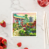 Serviette En Papier Pagode Japonaise Sakura Et Cascade (En situation)