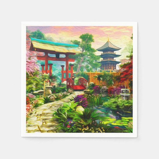 Serviette En Papier Pagode Japonaise Sakura Et Cascade (Devant)