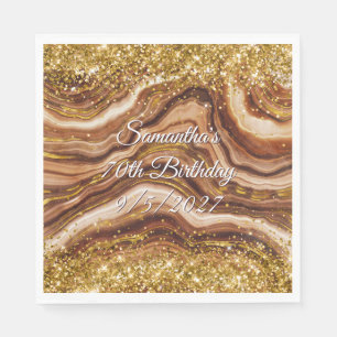 Serviette En Papier Pailleté Or et Agate Marron 70e Anniversaire