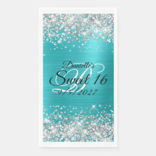 Serviette En Papier Paillettes Argentées Turquoise Bleu Clair Douce 16