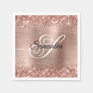 Serviette En Papier Paillettes de faux or rose et monogramme fantaisie