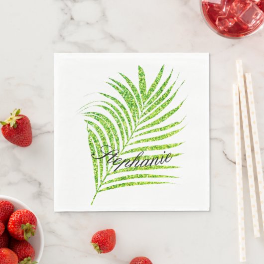 Serviette En Papier Palm Feuille Glitter Vert Personnalisé Nom Plutôt (En situation)