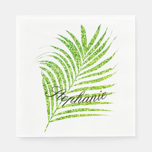 Serviette En Papier Palm Feuille Glitter Vert Personnalisé Nom Plutôt (Devant)