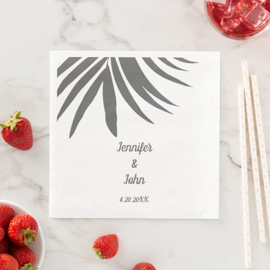 Serviette En Papier Palm Feuille gris blanc Personnalisé Mariage tropi (En situation)